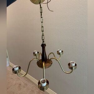 Vintage MCM Brass Chandelier with Wood accent